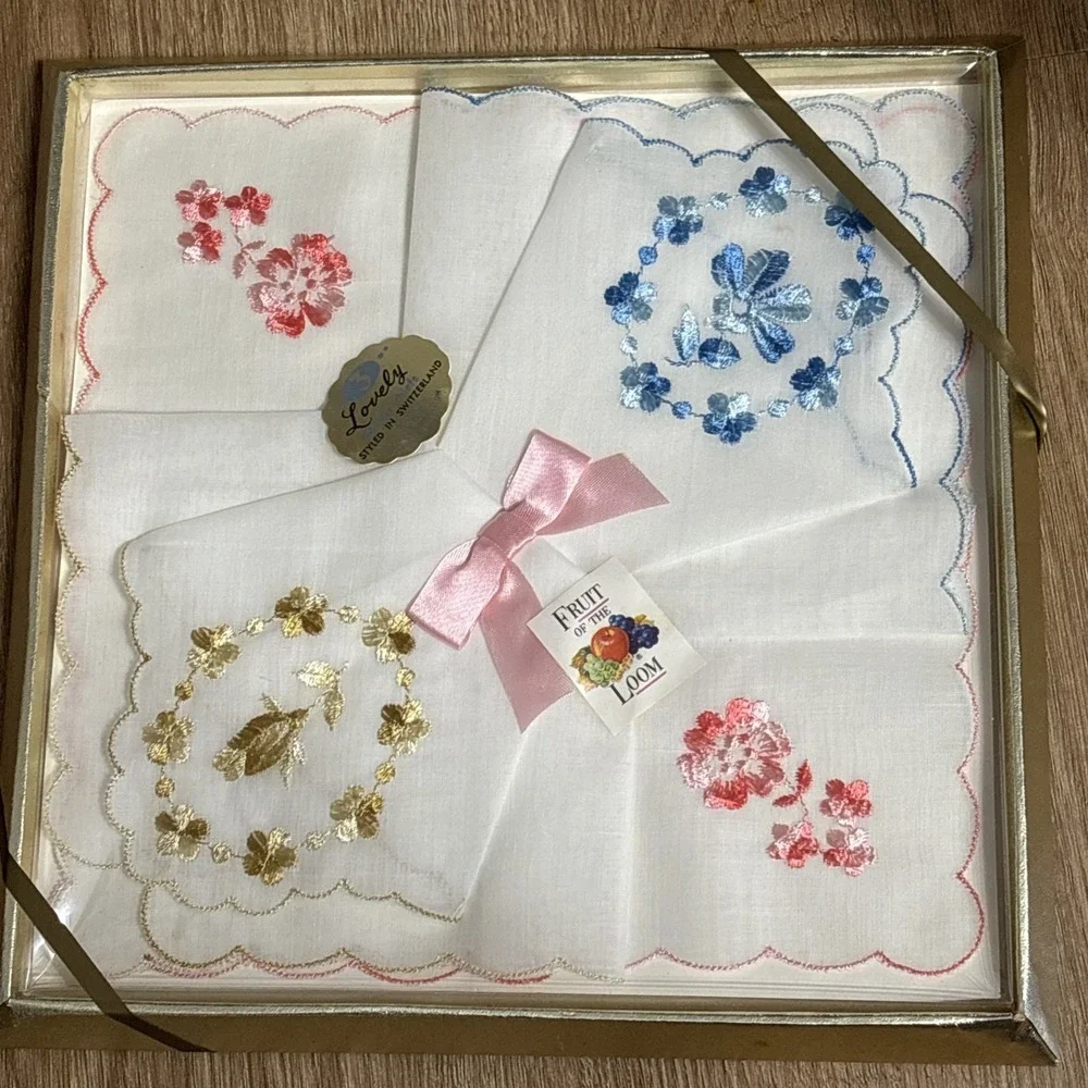 NOS Fruit Of The Loom 3 Ladies Handkerchief Full Size Embroidered Pink Blue Vtg